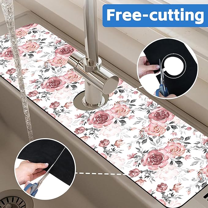 Pink Rose Floral Kitchen Sink Splash Guard Mat Absorbent Fast Drying Mat Faucet Draining Mat Sink Splash Guard Behind Faucet Drip Catcher for Kitchen Bathroom 5.5"×24"