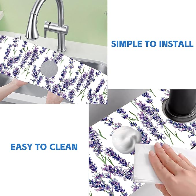Watercolor Lavender Bunches Kitchen Sink Splash Guard Mat Absorbent Fast Drying Mat Faucet Draining Mat Sink Splash Guard Behind Faucet Drip Catcher for Kitchen Bathroom 5.5"×24"