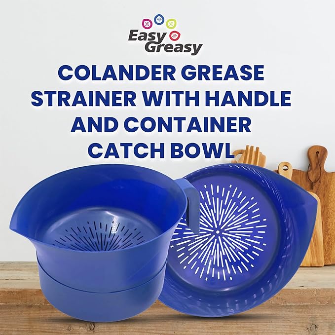 Easy Greasy 3-Piece Colander Grease Strainer Set – Blue Grease Separator with Handle, Container & Lid – Strains Bacon, Pasta, Ground Beef – BPA-Free Kitchen Gadget