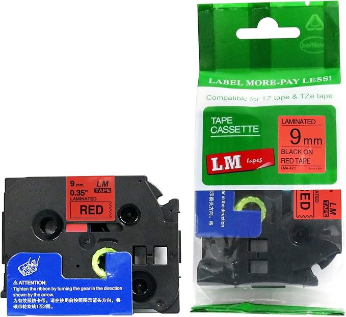1/Pack LM Tapes - LMe421 Premium 3/8" Black Print on Red Label Compatible with P-Touch TZe-421 Tape and Includes Tape Color/Size Guide. Replaces TZ-421 9mm 0.35 Laminated.
