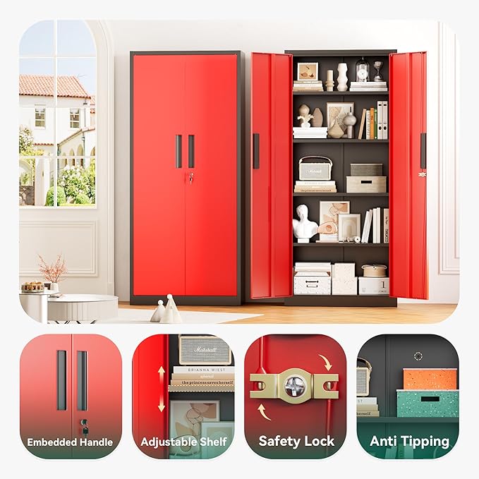 Greenvelly Metal Cabinet, 63”Tall Kitchen Pantry Storage Cabinets with 2 Lock Doors and 4 Adjustable Shelves,Black Red Kitchen Cabinet Storage for Dinning Room,Garage,Office