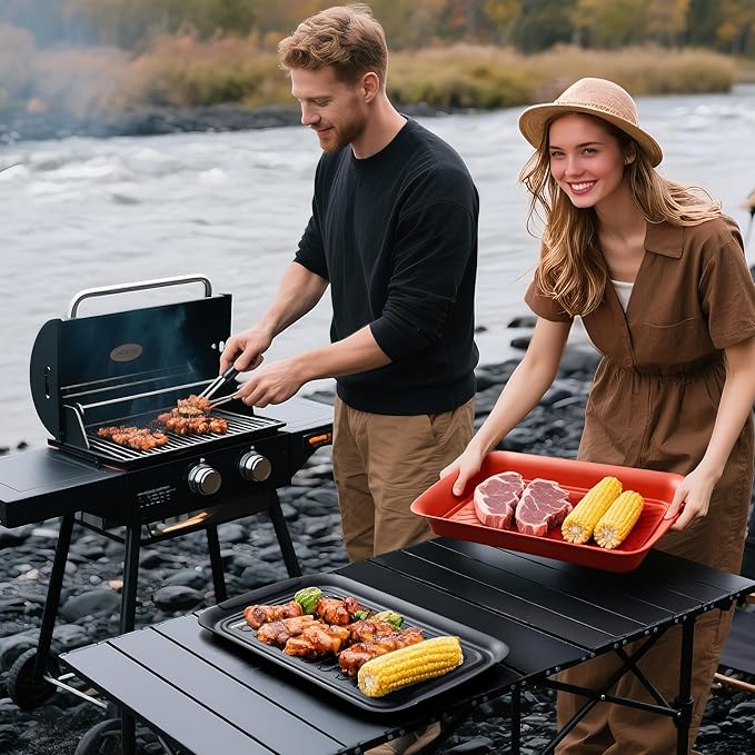TP Deep Grilling Prep and Serve Trays, 18 x 12 inch BBQ Trays for Cooked and Raw Foods, Set of 2 Melamine Serving Platters for Meats, Grill Accessories, Black and Red
