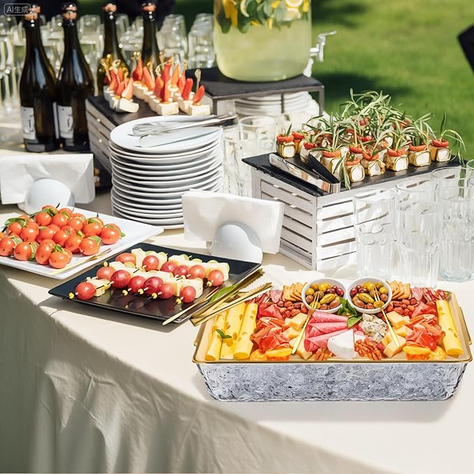 Baderke 1 Set 16" x 9.45" Chilled Serving Tray for Parties with Compartments and Lid Charcuterie Serving Board Ice Rectangle Chilled Party Platter for Seafood Vegetable Fruit Shrimp Cocktail (Gold)