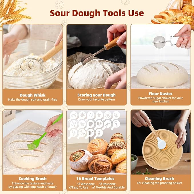 Terronix Bread proofing baskets for sourdough 19-Piece Set ，9" Round & 10" Oval Sourdough basket，Sour dough tools，Including bread pull ring, dough mixer,Complete Sour dough starter kit