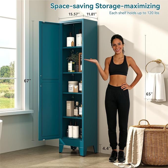 YNIQUESTLE 67" Tall Storage Cabinet with Reversible Doors and Adjustable Shelves,Metal Slim Freestanding Cabinets for Bathroom Kitchen Garage Small Spaces,Blue,5-Tier