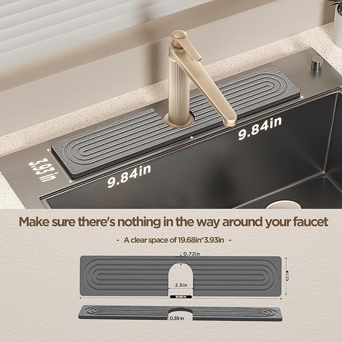 Faucet Mat for Kitchen Sink, Diatomite Stone Drying Sink Protectors, Bathroom Faucet Splash Guard, Quick Dry Water Absorbing, Non-Slip Stone Tray for Kitchen Counter, Grey, 20" x 3.9"