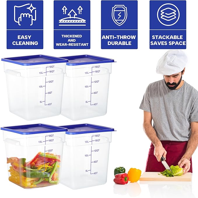 BIEAMA 4 Pack Food Storage Containers, 18 Quart Square Commercial Food Containers with Lids, NSF, Polycarbonate, Clear