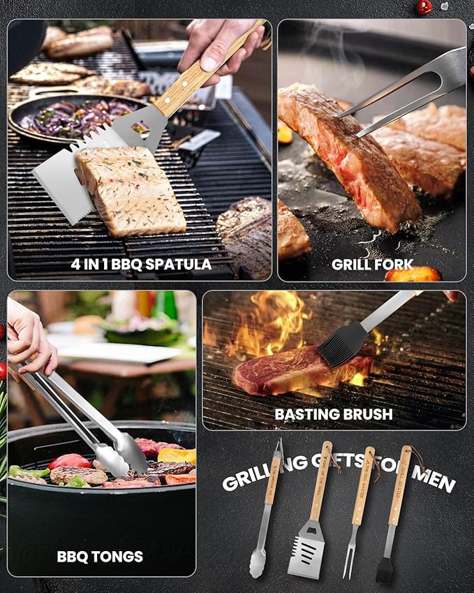 Coralogo 4PCS Grilling Accessories BBQ Tools - Stainless Steel Grill Set with Tongs, Fork, Spatula, Brush, Carrying Bag, Valentines Day & Birthday Gift for Men, Father, Husband