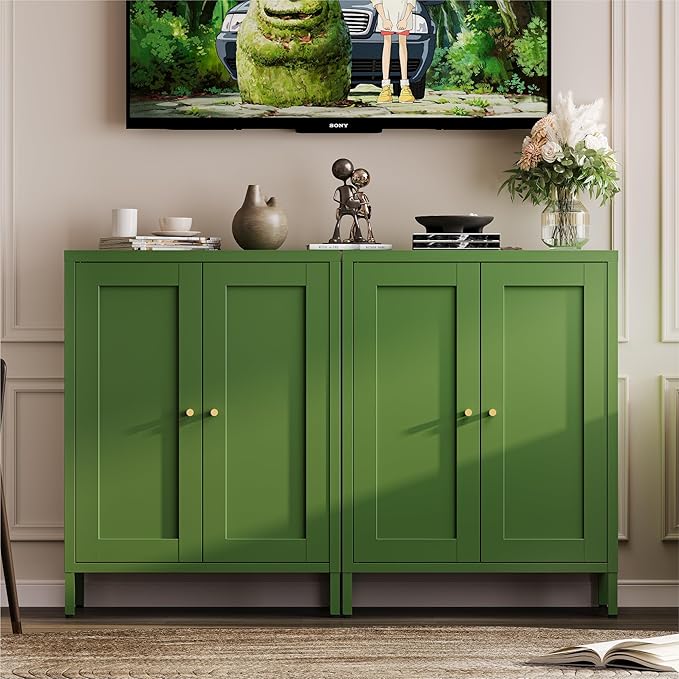 Small Metal Cabinet, Storage Cabinet with 2 Adjustable Shelves and 2 Doors,Freestanding Sideboard for Small Spaces, Living Room, Home Office, Dining Room(1PC,Forest Green)