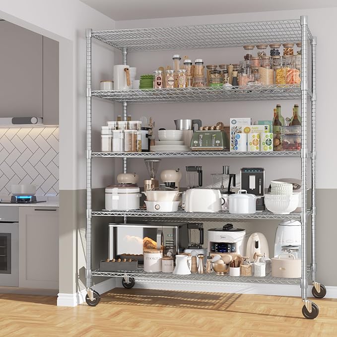 Homdox 5 Tier Heavy Duty Metal Shelves, Storage Racks and Shelving with Wheels, Commercial Adjustable Wire Shelving Unit, Garage Rack Pantry Shelves Kitchen Shelving, Chrome