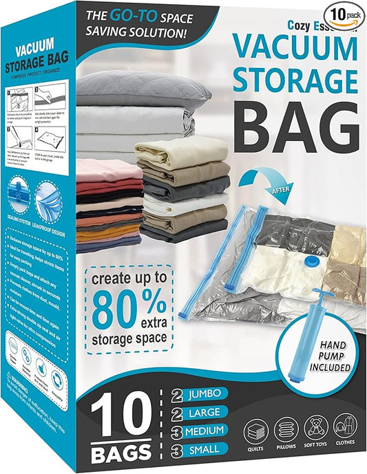 Cozy Essential 10 Pack Vacuum Storage Bags, Space Saver Bags (2J/2L/3M/3S) Compression Storage Bags for Comforters and Blankets, Pillow, Bedding, Vacuum Sealer Bags for Clothes Storage