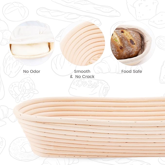 DOYOLLA 14.5inch Oval Bread Dough Proofing Rising Rattan Basket & Liner Combo for Professional & Home Baking (2 basket & 2 liner)