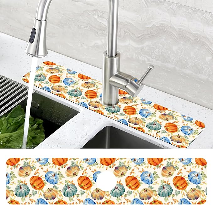 Thanksgiving Colorful Pumpkin Dish Drying Mat for Kitchen Sink Splash Guard Behind Faucet Sink Mat Absorbent Fast Drying Faucet Draining Mat for Bathroom Kitchen 5.5"×24"