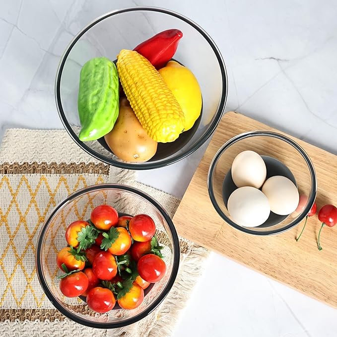 Mrs. Chou Glass Mixing Bowls HEAVY DUTY Top Choice for High-end Kitchens Extra-thick Glass Mixing Bowl Set of 3 with BPA-Free Airtight Lids Large Nesting Bowls with Non-Slip Silicone Base Well-made