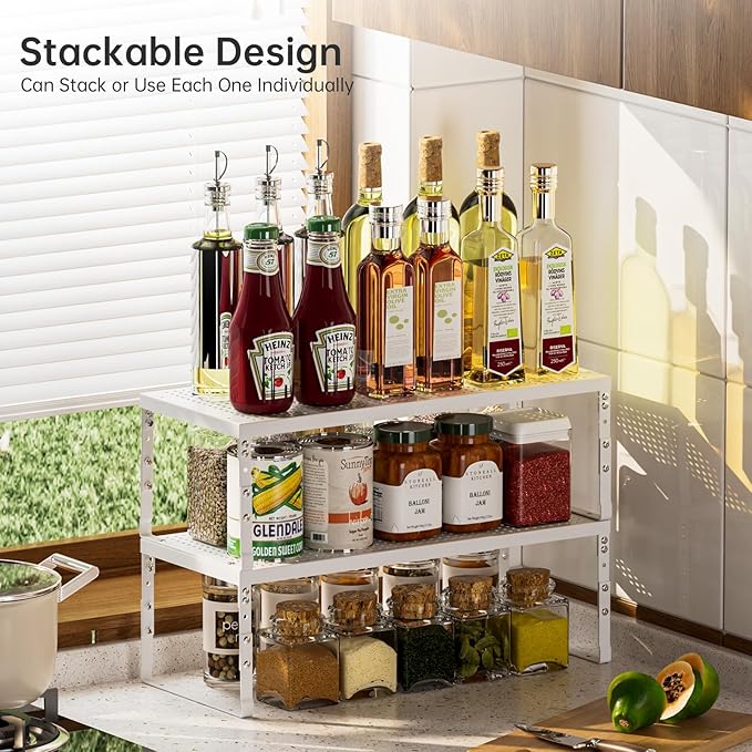 Ipotive Cabinet Shelf,Expandable Adjustable Stackable Kitchen Organizer,for cabinets, Kitchens, countertops, bathrooms Shelf Organizer(1Pack/White,Large)