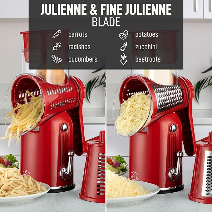 Zulay Kitchen Rotary Cheese Grater 5 Blade Cheese Shredder - Manual Hand Crank Cheese Grater With Reinforced Suction & 5 Interchangeable Drums - Easy to Use, Vegetable Chopper Round Mandoline Slicer