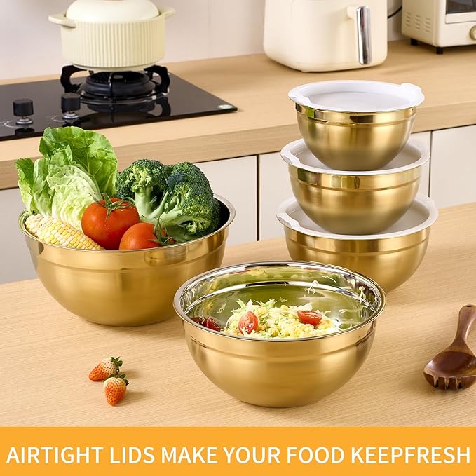 Onlycooker Gold Mixing Bowls With Airtight Lids,Stainless Steel Bowl,Salad Bowls 5 Piece Colorful Nesting Bowl Gold Kitchen Accessories,Size 5.5,3.6,2.7,2.1,1.5QT Stackable Design