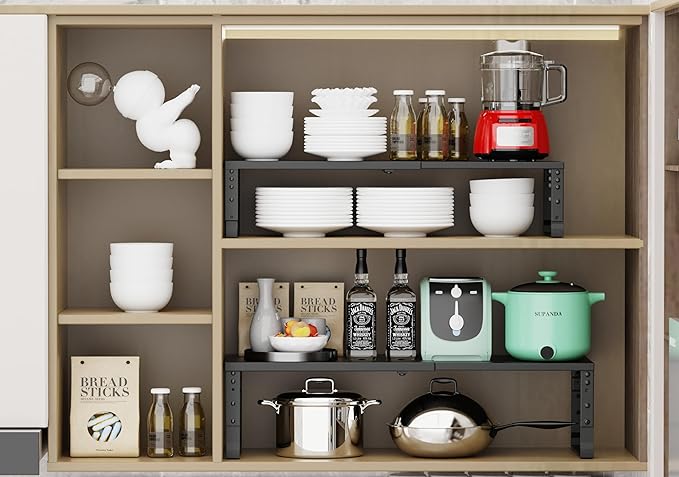 Jojocross Expandable Stackable Spice Rack Organizer for Kitchen Cabinet,Adjustable Counter Shelf, countertop, Pantry,Cupboard,Bathroom,Bedroom(3Packs/Black/Medium)