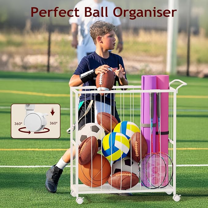 Ball Storage Bin Rolling Sports Ball Cart, Metal Garage Organizer Sport Rack, Ball Basket Storage, Ball Cage for Garage or Gym, Indoor & Outdoor Sports Equipment Organizer white
