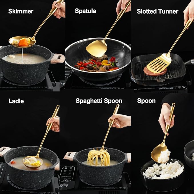 NIITAWH Gold Kitchen Utensils Set 18/10 Stainless Steel, 9 PCS All Metal Cooking Utensils Set 15" with Solid and Slotted Spoon, Fork, Spatula, Ladle, Skimmer, Slotted Tunner, Spaghetti and Large Spoon