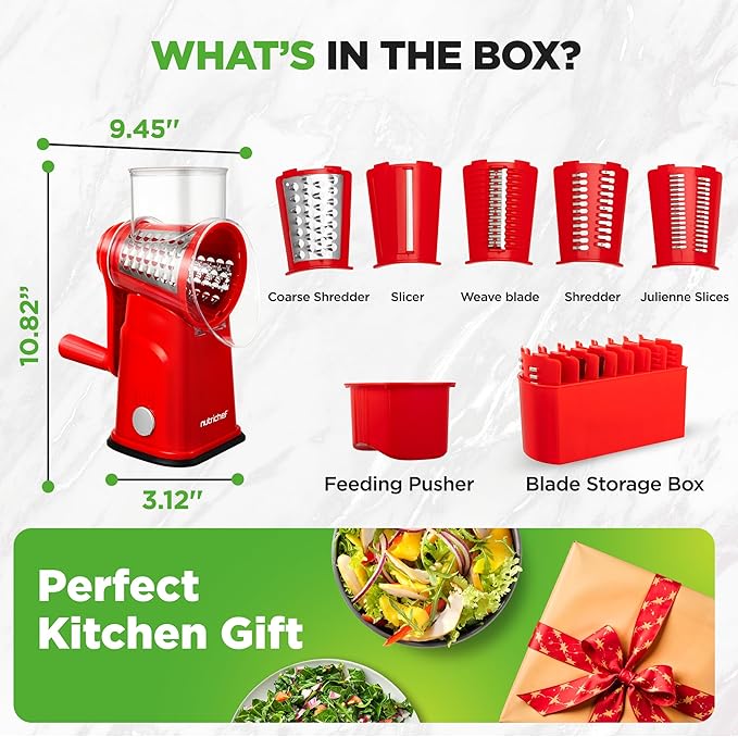 NutriChef 5 in 1 Cheese Grater & Shredder | 5 Different Blades for Thin, Thick, Julienne Strips, Wavy, & Straight Strips | Includes Hand Crank, Strong Suction Base & Storage Container | Red