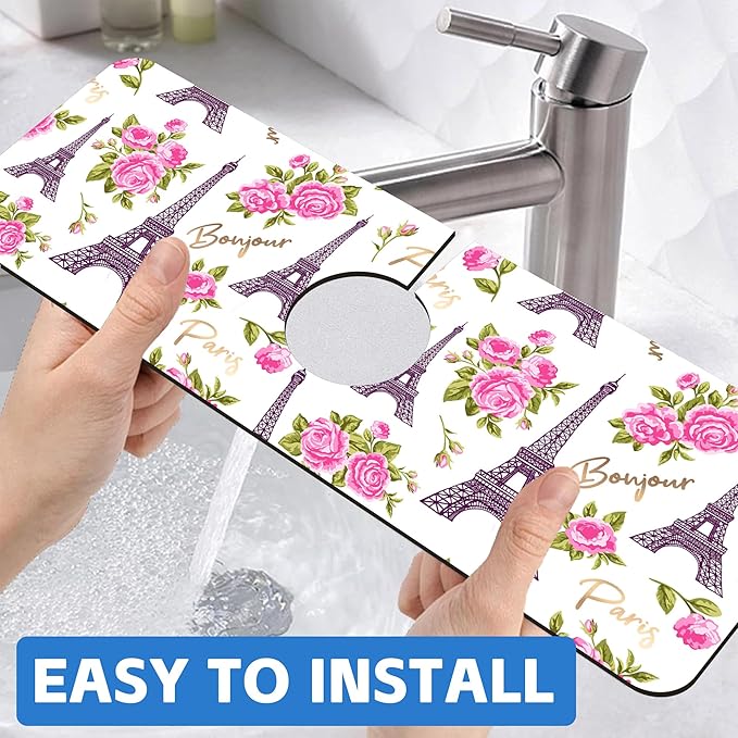 Romantic Eiffel Tower Roses Kitchen Sink Splash Guard Mat Absorbent Fast Drying Mat Faucet Draining Mat Sink Splash Guard Behind Faucet Drip Catcher for Kitchen Bathroom 5.5"×15"