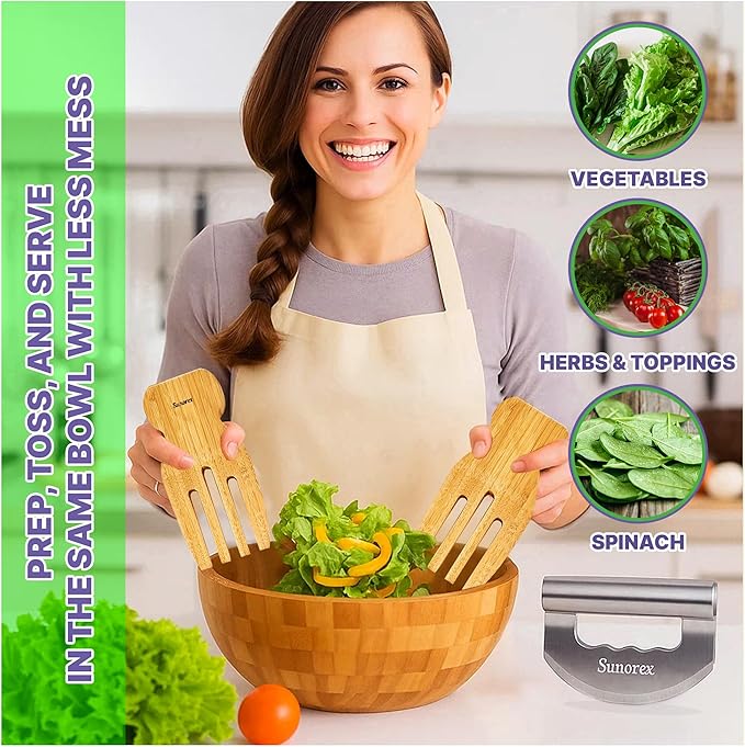 Sunorex 3-in-1 Stainless Steel Salad Chopper & 2 Wooden Hands Set – Double Blade Mezzaluna Chopper with Bamboo Servers Salad Prep Kit for Chopping, Tossing & Serving Vegetables, Fruits, and Salads