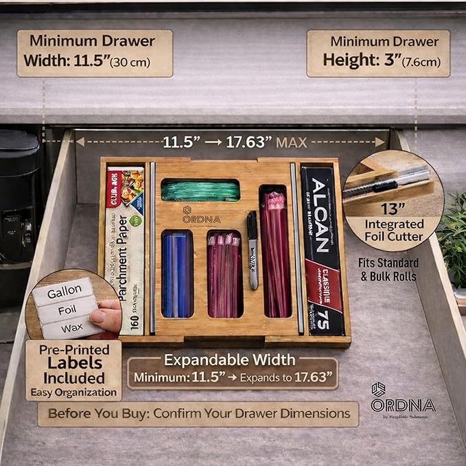 Ordna 6 IN 1 Bamboo Baggie Organizer for Drawer, Storage Bag Organizer Kitchen Drawer for Foil, Aluminum, Saran Wrap, Compatible with Quart, Gallon, Sandwich and Snack Size Bags