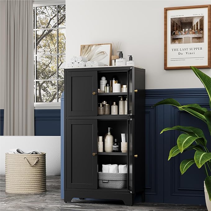 Bathroom Floor Cabinet, Metal Storage Cabinet with 2 Adjustable Shelves & 4 Doors,Freestanding Sideboard for Dining Room,Living Room, Home Office(1PC,Black)