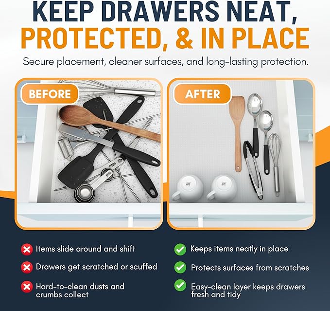 Shelf Liner Drawer Liner for Kitchen Cabinets Non-Adhesive by Linda’s Essentials (12 x 120 Inches) - Non-Slip Easy Clean Kitchen Cabinet and Cupboard Protector, Waterproof Mat, Clear Roll