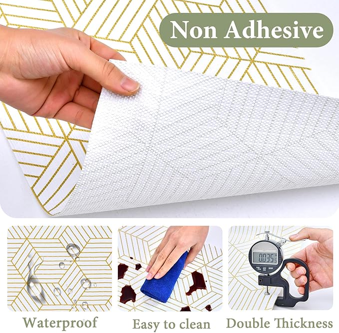 Shelf Liners for Kitchen Cabinets 35.4 in X 39.5 Ft, Non Adhesive Cabinet Liner Strong Non-Slip Thickened Gold Geometric Drawer Liner, Easy to Clean for Shelf, Cabinet with Knife and Tape Measure