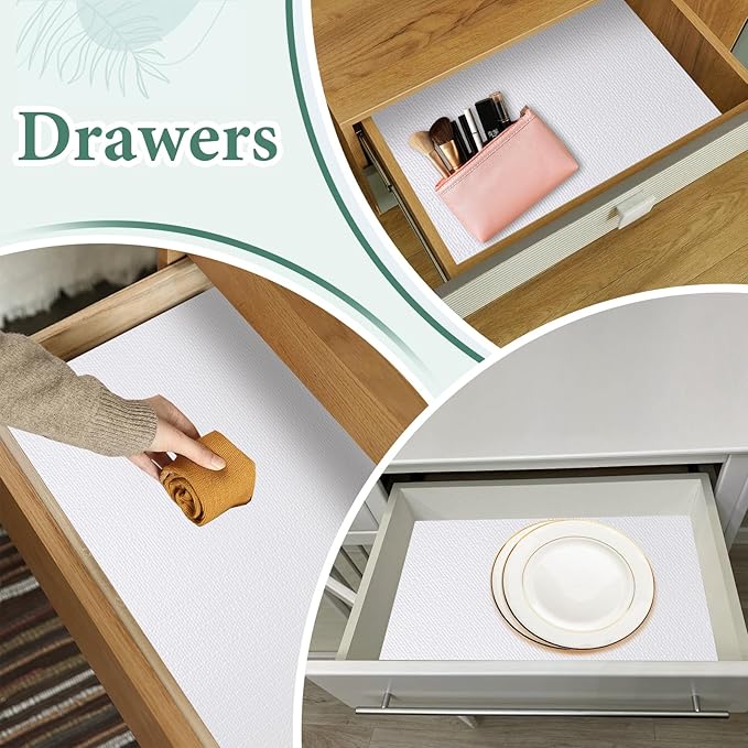Drawer and Shelf Liner for Kitchen Cabinet: 23 in X 30 Ft Non Slip Waterproof Shelf Paper Non Adhesive Refrigerator Liners White Easy Liners for Bathroom Cupboard with Knife Tape Measure