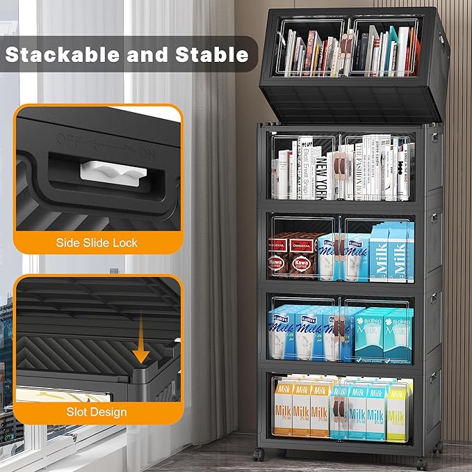 Extra Large Stackable Storage Bins with Lids & Wheels & Door, 260QT-52QT/13GAL*5Pack Foldable Collapsible Closet Organizers, Plastic containers drawers for bedroom Dorm