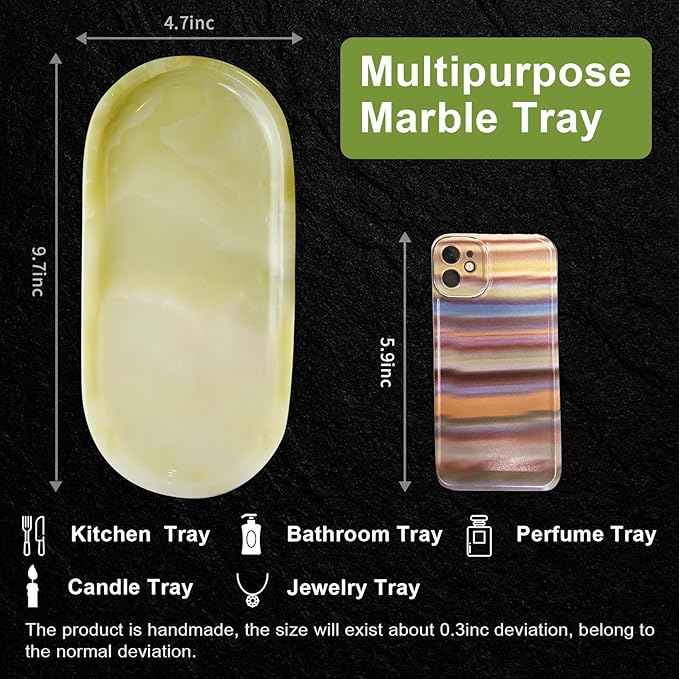 SWRONP Marble Tray for Kitchen Counter,Stone Tray for Bathroom Countertop,Dresser Small Vanity Decor,Storage Trays for Perfumes,Candles,Jewelry (Greener)