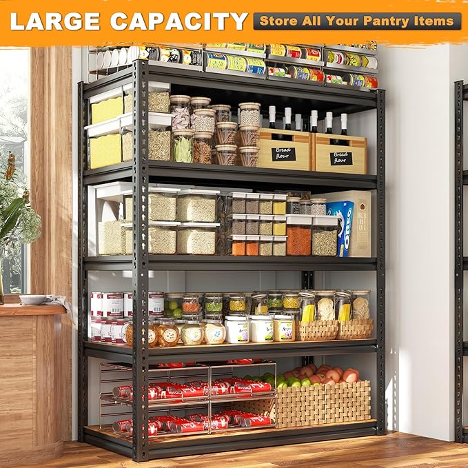 REIBII 5 Tier Storage Shelves, 2500LBS Adjustable Garage Shelving Unit, Metal Shelves for Pantry, Garage, Kitchen, Warehouse, Black, 65.74" H x 33.85" W x 15.35" D