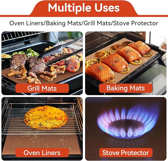 Oven Liners for Bottom of Oven, 4 Pack Resuable Heavy Duty Teflon Oven Mat, Non Stick Oven Mats for Bottom of Electric Oven Gas Oven Toaster Stove Top Protectors Microwave Stove Grill, Easy to Clean