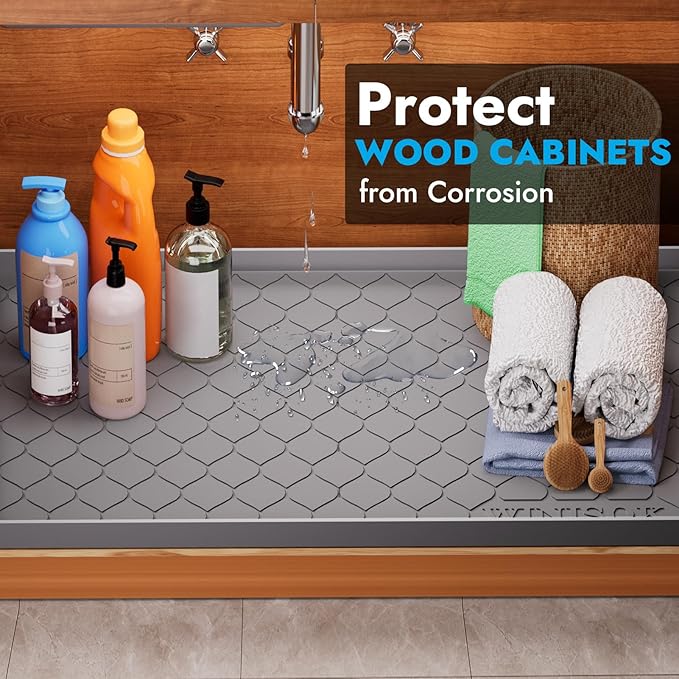 Silicone Under Sink Mat 37" x 22", kitchen Essentials and Gadgets, Shelf liner and Cabinet Protector, Home Organizers and Storage, Waterproof Bathroom Tray