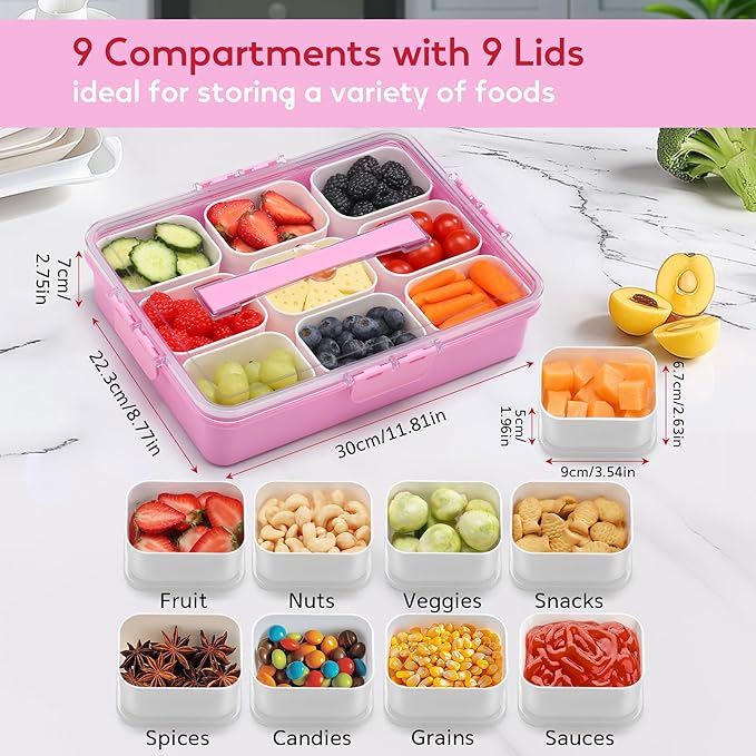 Snackle Box Container for Adults with 9 Compartment, Divided Serving Tray Snack Box Containers with Lid and Handle, Charcuterie Boxes Portable Snack Platter for Fruit Veggie Party Travel, Pink