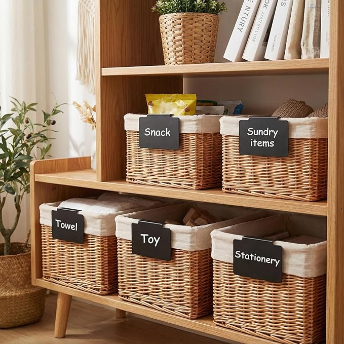 Chinco 80 Pcs Basket Label Clips Set Include 76 Removable Kitchen Clip Label Holder PVC Storage Bin with 4 Chalk Markers for Basket Kitchen Pantry Organization (Black Clip, White Pen)