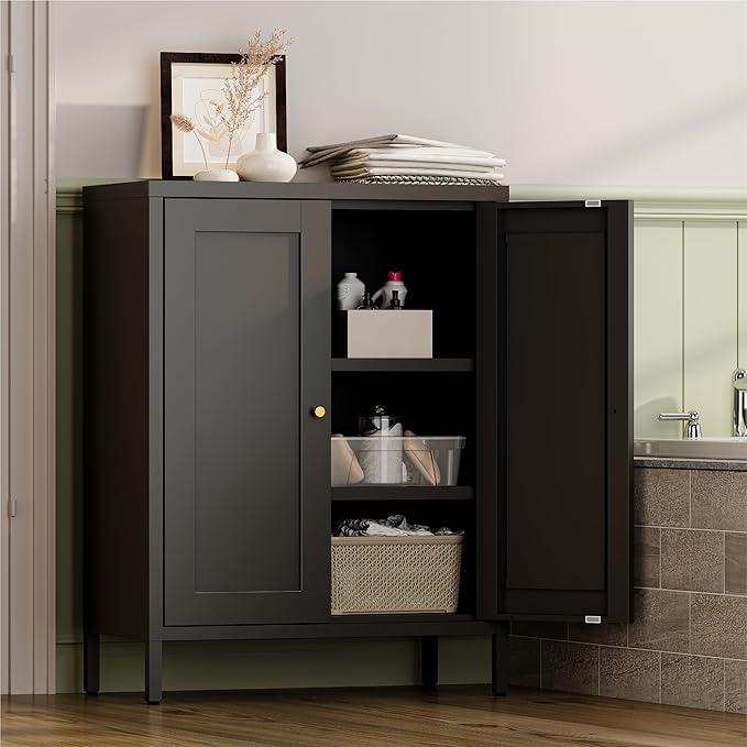 YAUWOH Small Metal Cabinet,Bathroom Storage Cabinet with 2 Adjustable Shelves and 2 Doors,Freestanding Sideboard for Small Spaces, Living Room, Home Office, Dining Room(1PC,Black)