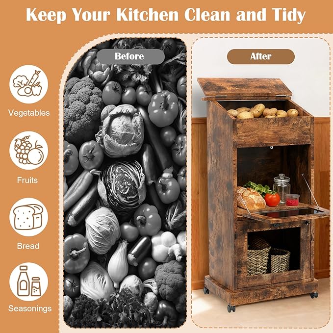 Potato and Onion Storage Bin Wooden Potato Storage Cabinets with Mesh Doors Vegetable Storage Bread Box with Lid Movable Fruit Basket with Wheels Decorative Vegetable Organization Cabinet for Kitchen