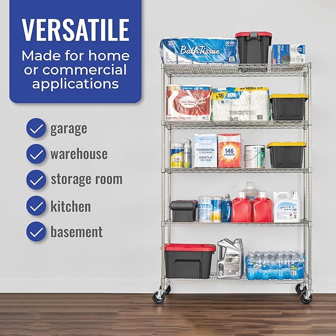SafeRacks - NSF Certified Storage Shelves, Zinc, Heavy Duty Steel Wire Unit with Wheels and Adjustable Feet, Garage or Bakers Rack, Kitchen, Pantry Shelf - (18"x48"x72" 5-Tier) (Silver)