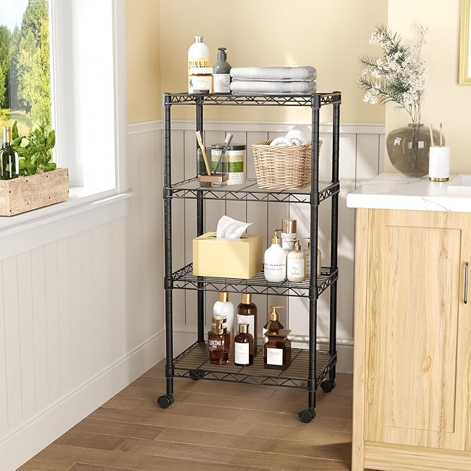 SINGAYE 4 Small Shelves Storage Shelf Wire Shelving Unit Metal Shelf Adjustable Organizers Storage Shelving with Wheels for Bathroom Laundry Room Kitchen Pantry11.5”D x 17.5”W x 30.5”H Black