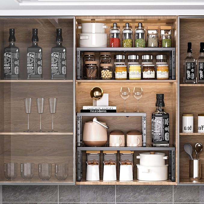 Ipotive Expandable Adjustable Cabinet Shelf Organizer - Stackable Metal Spice Rack for Kitchen Pantry, Countertop, Cupboard & Bathroom (1Pack/Black,Large)