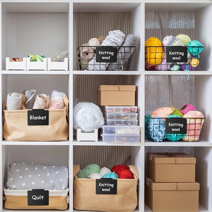 Chinco 80 Pcs Basket Label Clips Set Include 76 Removable Kitchen Clip Label Holder PVC Storage Bin with 4 Chalk Markers for Basket Kitchen Pantry Organization (Black Clip, White Pen)
