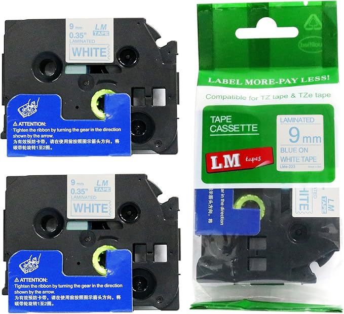 2/Pack LM Tapes - LMe223 Premium 3/8" Blue Print on White Label Compatible with P-Touch TZe223 Tape and Includes Tape Color/Size Guide. Replaces Ptouch TZ223 9mm 0.35 Laminated.
