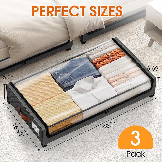 Under Bed Storage with Wheels 3Pack Storage Containers with Clear Window&Label Under Bed Drawers Rolling Under Bed Storage for Clothes,Shoes, Blankets (30.71 x 16.93 x 6.69 in, Dark Grey)