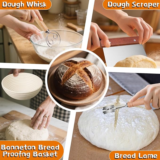 Dimpola Banneton Bread Proofing Basket - Banneton Basket Set Sourdough Proofing Basket Round Proofing Bowls Handmade Rattan Baskets and Liners (Oval & Round Gift Set)
