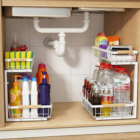 Under Sink Organizer 2 Pack, 2 Tier Pull Out Cabinet Organizers and Storage for Kitchen Bathroom Pantry Laundry, Adjustable Height, Slide Out Thickened Metal Storage Shelf (White, 2 Pack)