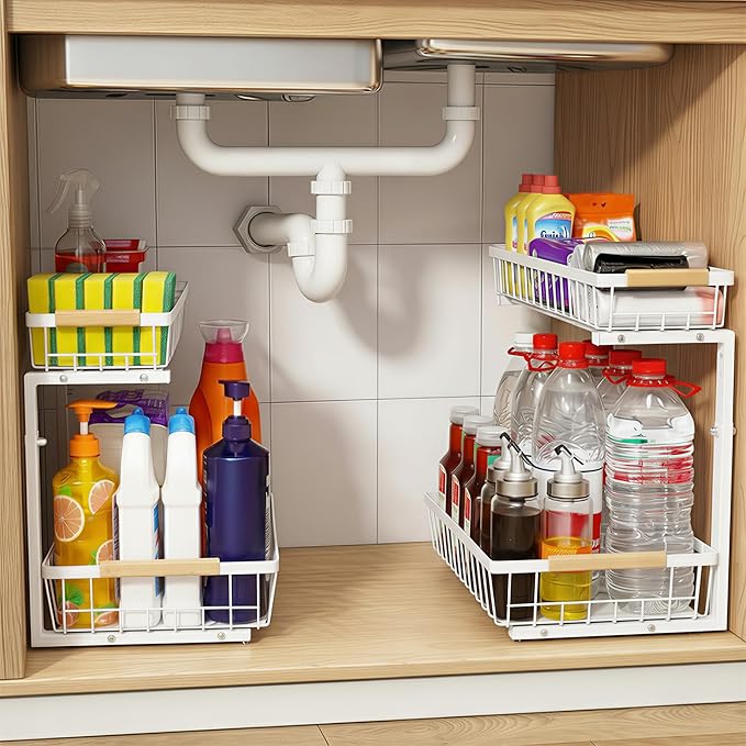 Under Sink Organizer, 2 Tier Pull Out Cabinet Organizers and Storage for Kitchen Bathroom Pantry Laundry, Adjustable Height, Slide Out Thickened Metal Storage Shelf (White, 1 Pack)